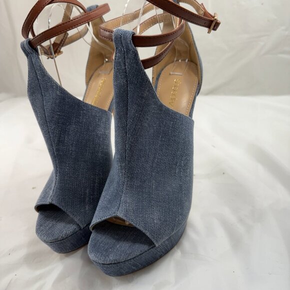 Shoe Dazzle Blue Denim Heels with Brown Strap - Picture 6 of 16